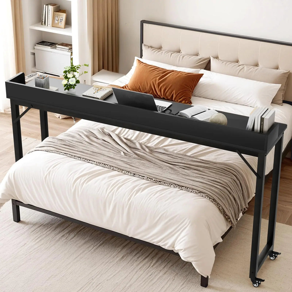 71-Inch Queen/Full Size Overbed Table with Wheels, Mobile Rolling Laptop Computer Desk with Heavy-Duty Metal Frame for Bedroom