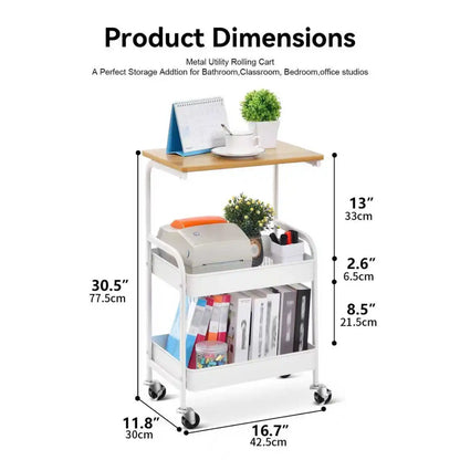 3-Tier Rolling Storage Cart with Wooden Tabletop, Metal Utility Organizer with Lockable Casters for Office, Bedroom & Dorm