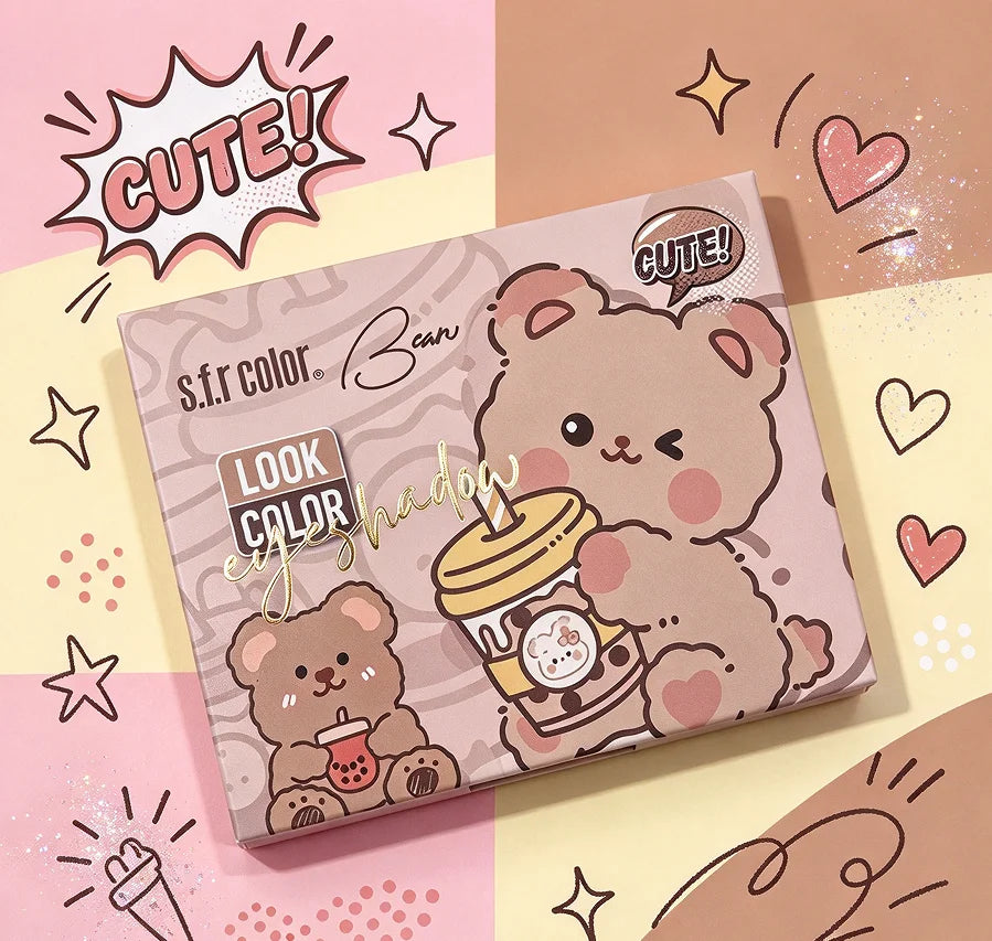 Cute Bear Eyeshadow Palette with Matte and Shimmer Shades, Warm Milk Tea Brown Eye Makeup