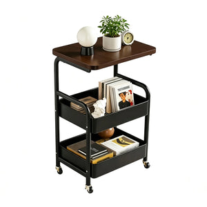 3-Tier Rolling Storage Cart with Wooden Tabletop, Metal Utility Organizer with Lockable Casters for Office, Bedroom & Dorm