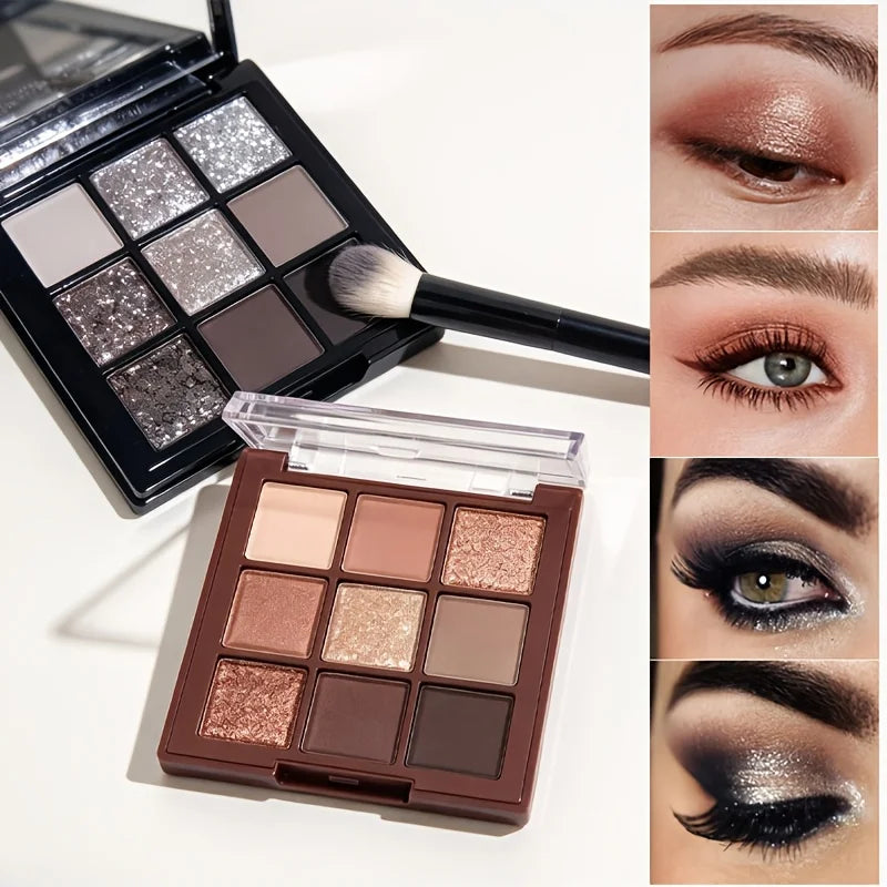 2-Piece Eyeshadow Palette Set, 9 Colors Each, Chocolate Brown and Smoky Shades, Matte, Shimmer and Glitter Finishes