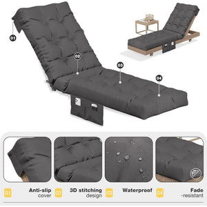 Waterproof Outdoor Chaise Lounge Cushion with Storage Pocket & Ties, Replacement Patio Lounge Chair Pad, Grey, 1-Pack or 2-Pack