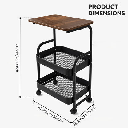 Rolling Side Table with Storage Baskets & Wood Top, 2/3-Tier Utility Cart with Lockable Wheels for Living Room