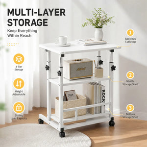 Adjustable Height Side Table with Wheels – 3-Tier Storage Rolling Laptop Cart, Mobile Bedside & Sofa Table for Home Office