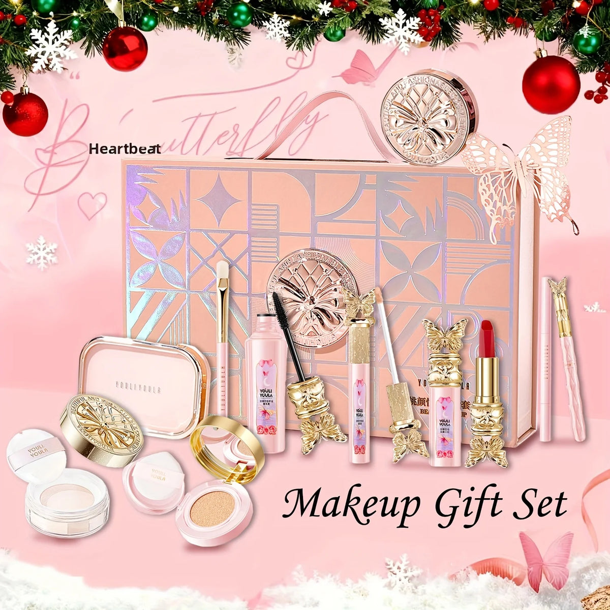 9-Piece Makeup Gift Set with Cushion BB Cream, Concealer, Lipstick, Eyeshadow Palette, Setting Powder & Eye Makeup
