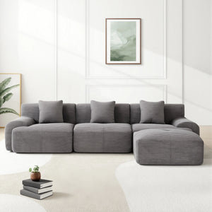 118-Inch Dark Grey Modular Sectional Sofa – Oversized Corduroy Deep Seat Couch with Wide Armrests & Throw Pillows