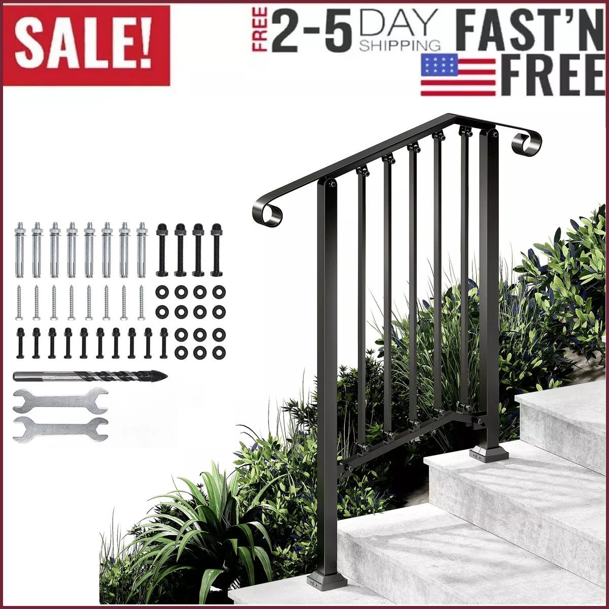 Adjustable Wrought Iron Stair Handrail for 2–3 Steps – Outdoor Step Railing with Installation Kit