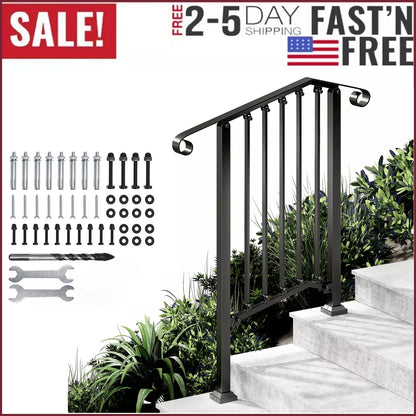 Adjustable Wrought Iron Stair Handrail for 2–3 Steps – Outdoor Step Railing with Installation Kit