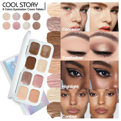 8-Color Shimmer Eyeshadow & Highlighter Palette, Highly Pigmented High-Gloss Finish, Long-Lasting Eye Makeup