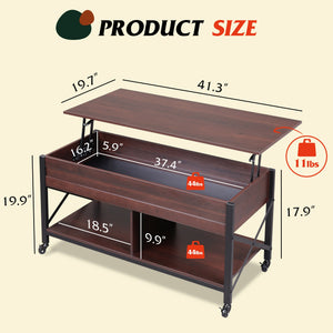 41.3" Lift Top Coffee Table with Hidden Storage, 4 Adjustable Wheels, Engineered Wood Espresso Center Table