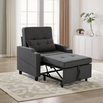 Single Pull-Out Sleeper Chair Sofa Bed – 5-Position Reclining Armchair with Cup Holder, USB Charging Port & Side Pocket