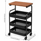 Rolling Side Table with Storage Baskets & Wood Top, 2/3-Tier Utility Cart with Lockable Wheels for Living Room