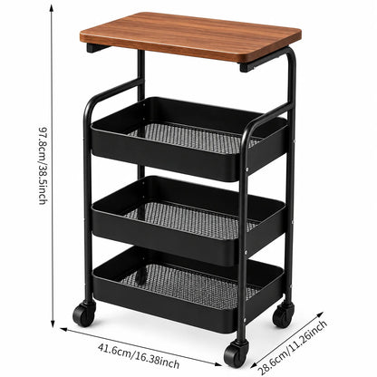 Rolling Side Table with Storage Baskets & Wood Top, 2/3-Tier Utility Cart with Lockable Wheels for Living Room