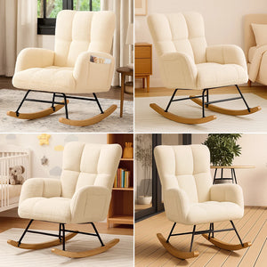 Teddy Fabric Nursery Rocking Chair with Side Pockets, High Back Upholstered Glider Chair for Living Room & Bedroom