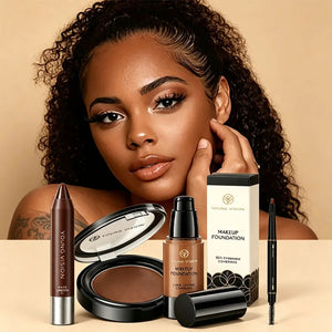 4-Piece Long-Lasting Makeup Set with Liquid Foundation, Eyebrow Pencil, Lipstick & Compact Powder