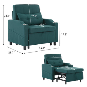 Single Pull-Out Sleeper Chair Sofa Bed – 5-Position Reclining Armchair with Cup Holder, USB Charging Port & Side Pocket