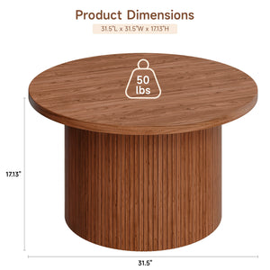 31.5" Round Walnut Coffee Table with Tambour Drum Design, Mid-Century Modern Wood Center Table