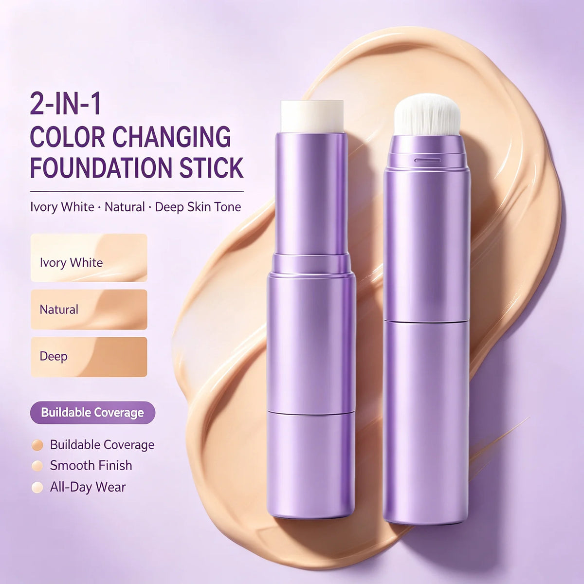 2-in-1 Color-Changing Foundation & Concealer Stick with Brush, Warm Skin Tone, Hydrating Matte Buildable Coverage