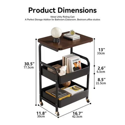 3-Tier Rolling Storage Cart with Wooden Tabletop, Metal Utility Organizer with Lockable Casters for Office, Bedroom & Dorm