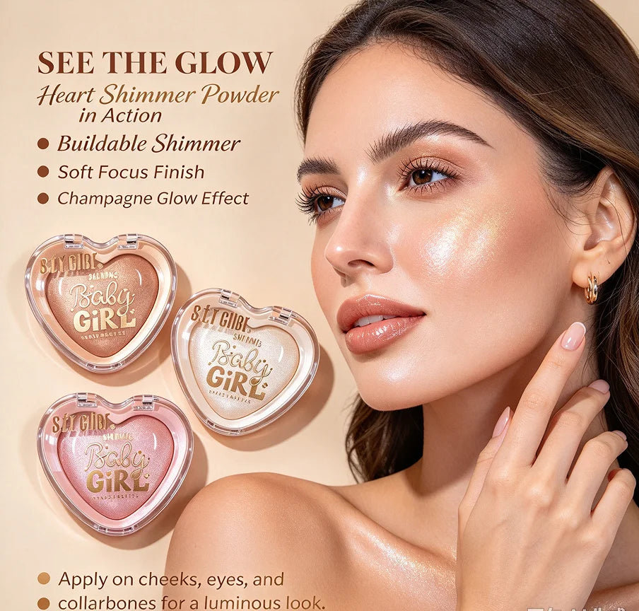 Heart-Shaped Baked Highlighter, Shimmer Face Powder for a Radiant Glow