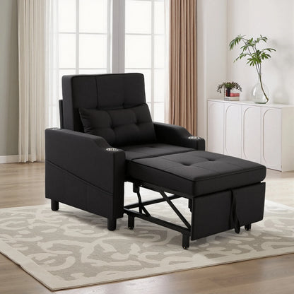 Single Pull-Out Sleeper Chair Sofa Bed – 5-Position Reclining Armchair with Cup Holder, USB Charging Port & Side Pocket