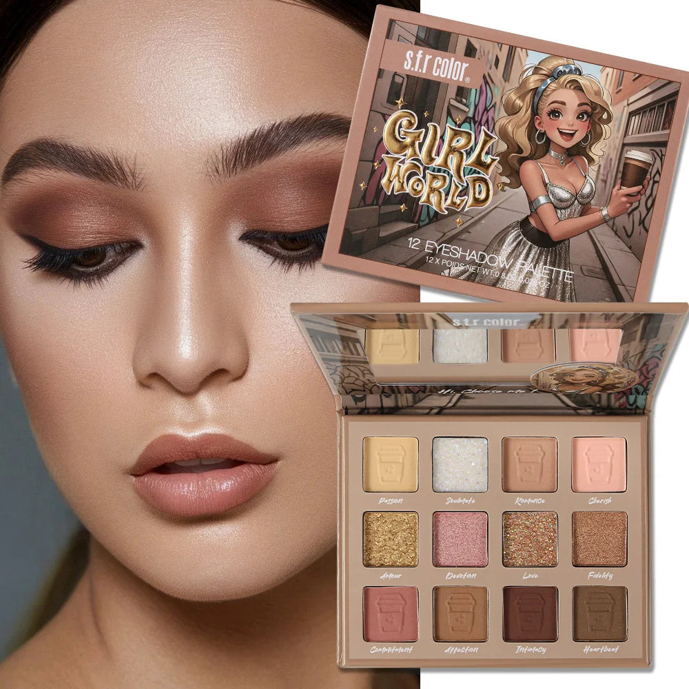 12-Color Eyeshadow Palette, Matte and Glitter Warm Nude Brown Shades, Blendable Pigmented Eye Makeup