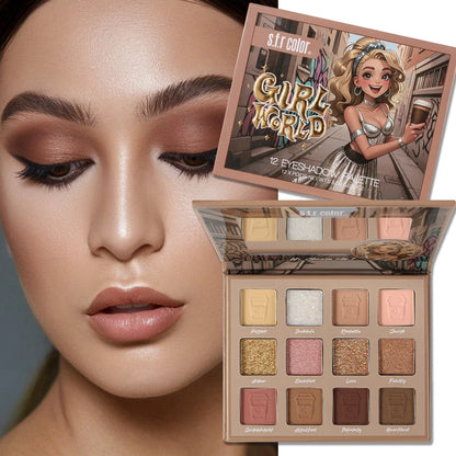 12-Color Eyeshadow Palette, Matte and Glitter Warm Nude Brown Shades, Blendable Pigmented Eye Makeup