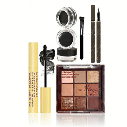 6-Piece Eye Makeup Set with Eyebrow Styling Gel, Liquid Eyeliner, Mascara and 9-Color Eyeshadow Palette