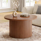 31.5" Round Walnut Coffee Table with Tambour Drum Design, Mid-Century Modern Wood Center Table
