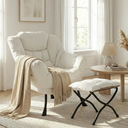 Modern Lounge Chair with Foldable Ottoman – Oversized Cushioned Reading Armchair with Footrest & Side Pocket