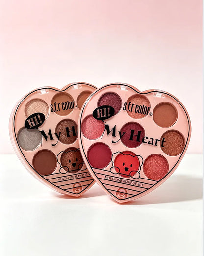 Heart-Shaped 9-Color Makeup Palette, Matte and Shimmer Eyeshadow, Blush and Bronzer, Travel Face Makeup Kit