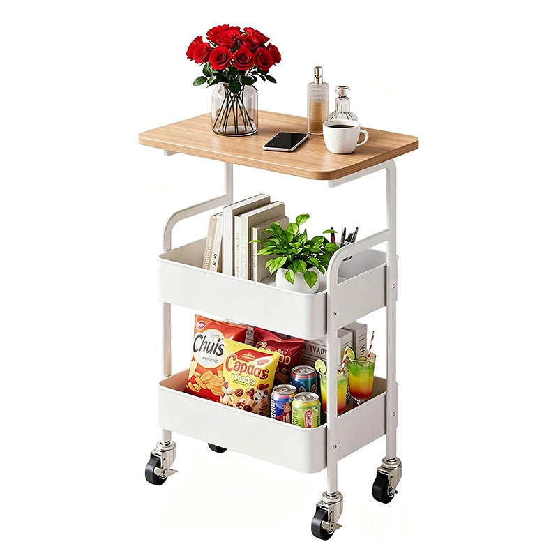 3-Tier Rolling Storage Cart with Wooden Tabletop, Metal Utility Organizer with Lockable Casters for Office, Bedroom & Dorm