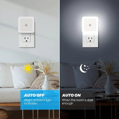 6-Pack LED Plug-In Night Lights with Dusk-to-Dawn Sensor, Automatic Soft Light for Bedroom, Bathroom, Hallway & Stairs