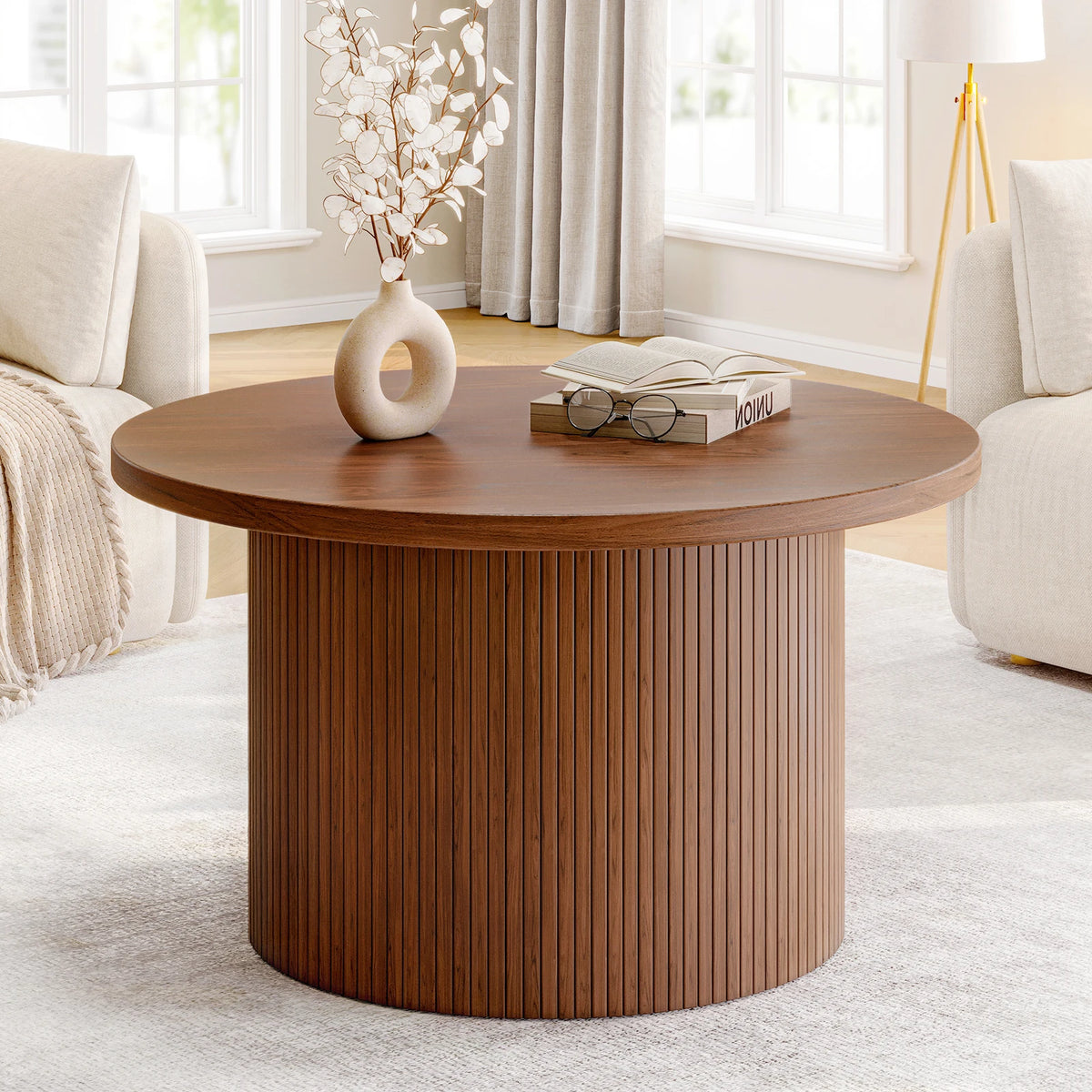 31.5" Round Walnut Coffee Table with Tambour Drum Design, Mid-Century Modern Wood Center Table