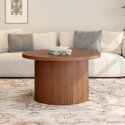 31.5" Round Walnut Coffee Table with Tambour Drum Design, Mid-Century Modern Wood Center Table