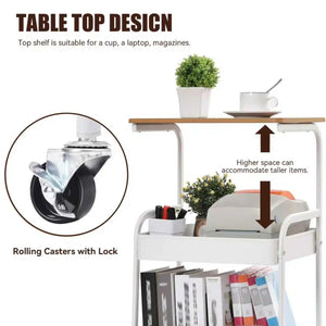 3-Tier Rolling Storage Cart with Wooden Tabletop, Metal Utility Organizer with Lockable Casters for Office, Bedroom & Dorm
