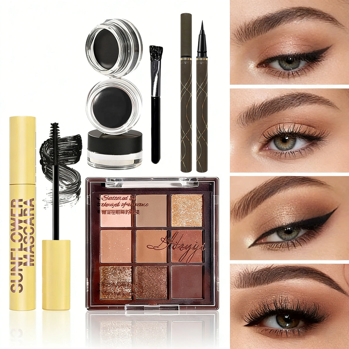 6-Piece Eye Makeup Set with Eyebrow Styling Gel, Liquid Eyeliner, Mascara and 9-Color Eyeshadow Palette