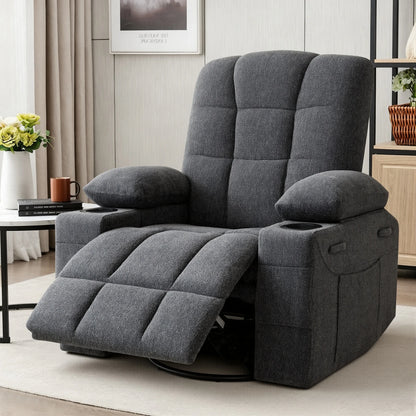Chenille Swivel Rocker Recliner Chair with Massage & Heat – 8-Point Vibration Manual Recliner with Lumbar Heating & Storage Pockets