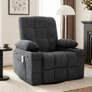 Chenille Swivel Rocker Recliner Chair with Massage & Heat – 8-Point Vibration Manual Recliner with Lumbar Heating & Storage Pockets