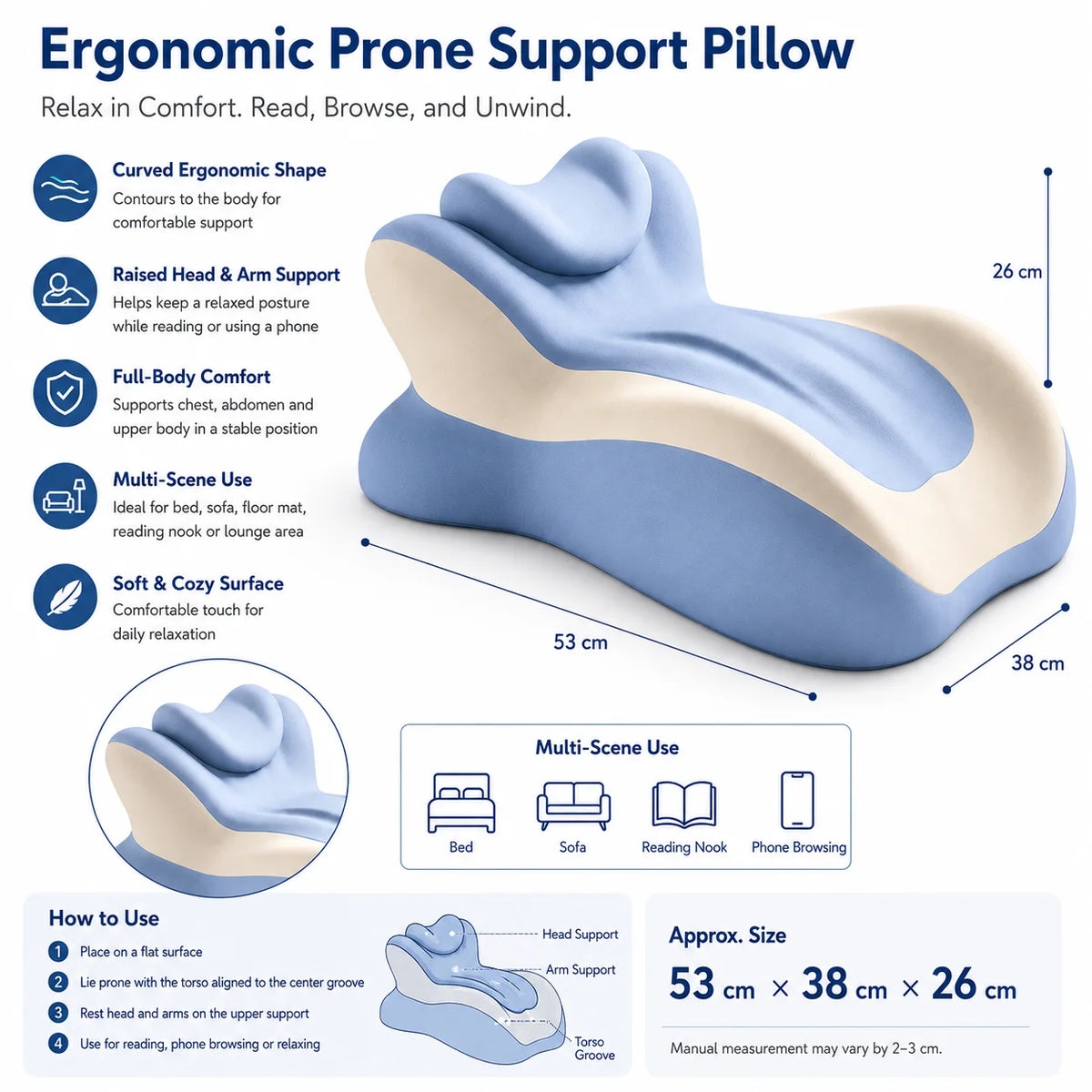 Multifunctional Memory Foam Prone Reading Pillow with Removable Headrest, Anti-Slip Base, Neck, Arm & Upper Body Support