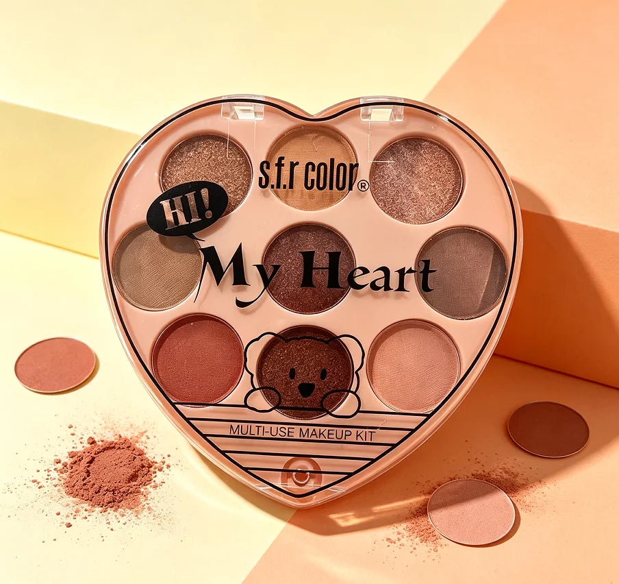 Heart-Shaped 9-Color Makeup Palette, Matte and Shimmer Eyeshadow, Blush and Bronzer, Travel Face Makeup Kit