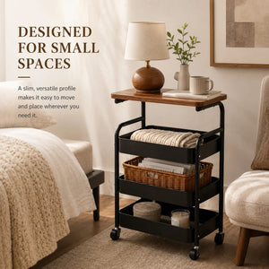 Rolling Side Table with Storage Baskets & Wood Top, 2/3-Tier Utility Cart with Lockable Wheels for Living Room