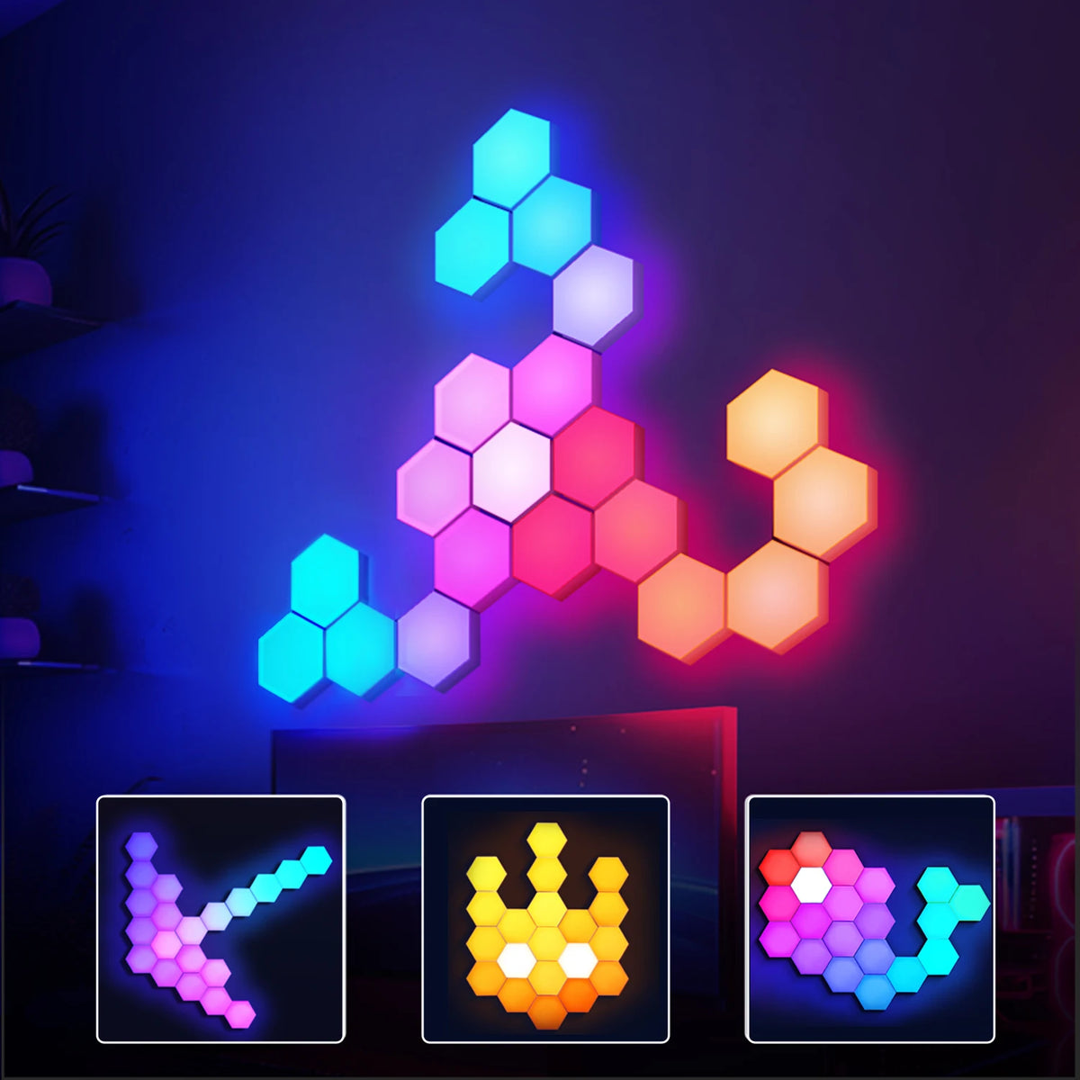 RGB Hexagonal Light Panels, App & Remote Control, USB Powered, Music Sync, 3/8/12/20-Pack