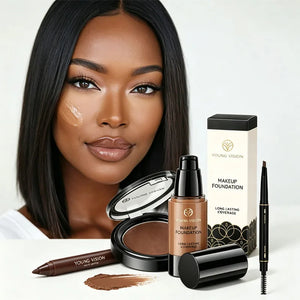 4-Piece Long-Lasting Makeup Set with Liquid Foundation, Eyebrow Pencil, Lipstick & Compact Powder