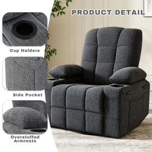 360° Swivel Rocker Recliner Chair – 30° Rocking Chenille Manual Recliner with Dual Cup Holders & Side Pockets