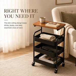 Rolling Side Table with Storage Baskets & Wood Top, 2/3-Tier Utility Cart with Lockable Wheels for Living Room