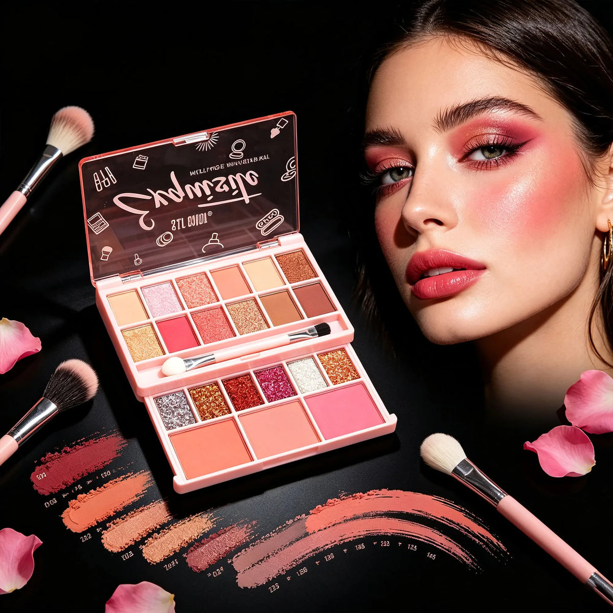 21-Color All-in-One Eyeshadow and Blush Palette, Matte Shimmer and Glitter Shades with Dual Makeup Brush