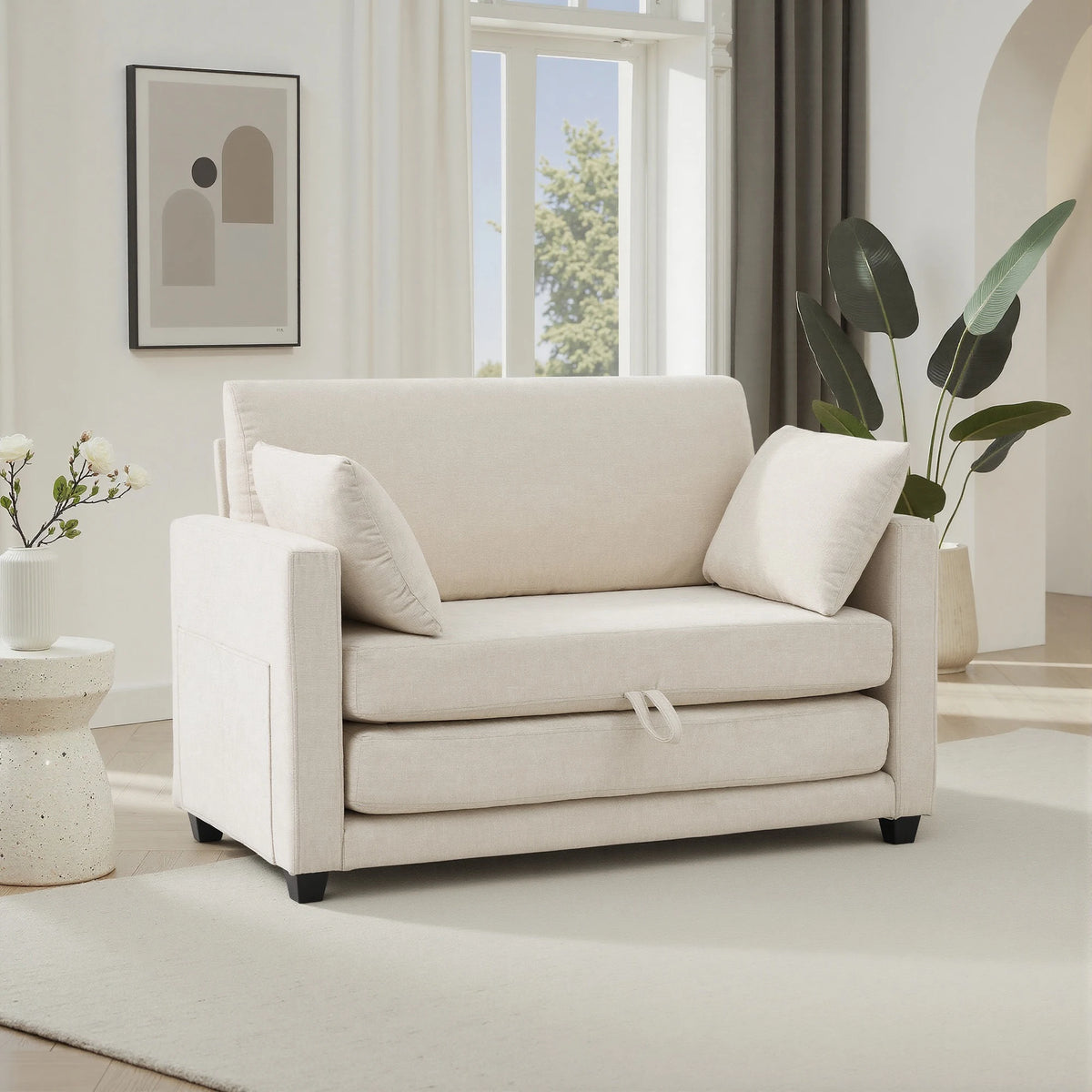 Beige 2-in-1 Loveseat Sleeper Sofa Bed – Pull-Out Fabric Couch with Solid Wood Frame, No Assembly for Small Spaces