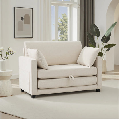 Beige 2-in-1 Loveseat Sleeper Sofa Bed – Pull-Out Fabric Couch with Solid Wood Frame, No Assembly for Small Spaces