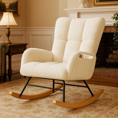 Teddy Fabric Nursery Rocking Chair with Side Pockets, High Back Upholstered Glider Chair for Living Room & Bedroom